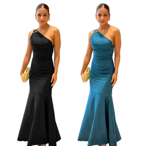 Elegant one-shoulder fishtail evening dress with ruching detail in black and cyan