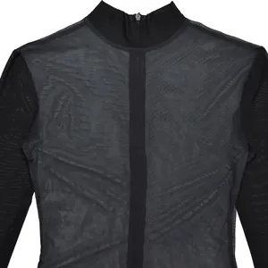 Detail of black sheer mesh top featuring a mock neck and vertical front stripe design