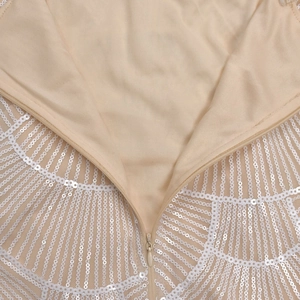 Detail of sequins embroidery and invisible zipper on champagne short cocktail dress