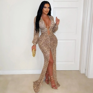 Robe longue sexy à imprimé léopard avec décolleté en V profond et boucle métallique