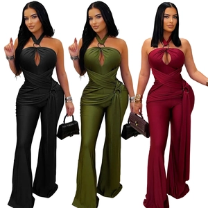 Chic halter neck jumpsuit with cutout and metal ring detail in black, green and burgundy