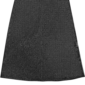 Close-up of black mesh fabric with high-density silver rhinestone grid pattern