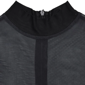 Detail of high collar black sheer mesh top with vertical stripes and back zipper