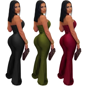 Three-color display of halter neck flared jumpsuits in black, olive green and deep red