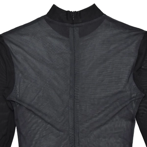 Detail of sheer black mesh dress with high neck collar and back zipper construction