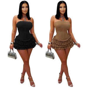 Women's chic strapless corset mini dress with ruffled layers in black and camel colors