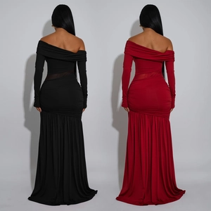 Elegant off-shoulder fishtail dress with sheer mesh splicing and long sleeves for women