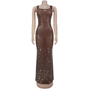 Detail of dark brown bodycon dress with rhinestone mesh and elegant backless design