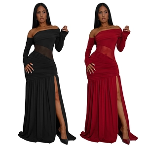 Sexy off-shoulder long sleeve maxi dress with sheer mesh waist and high side split detail