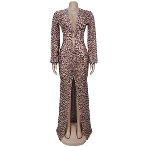 Détail de robe léopard avec décolleté en V profond, anneau en métal et fente latérale