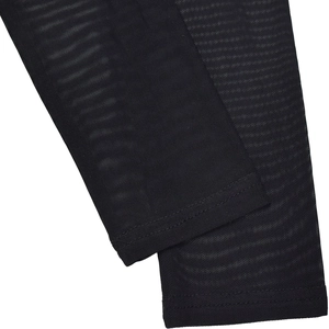 Detailed macro view of black mesh sleeve with striped texture and double-needle stitching