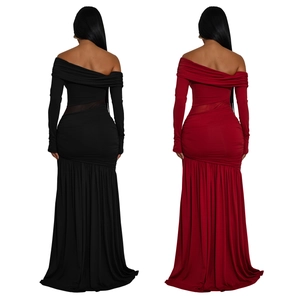 Detail view of back off-shoulder design and ruched waist on elegant bodycon dress