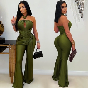 Detailed front and back view of olive green halter neck wide leg jumpsuit with cut-out detail
