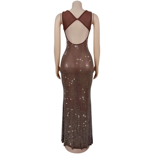 Close-up of brown mesh dress with silver rhinestones and open back crisscross straps