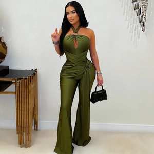 Olive green halter neck wide leg jumpsuit with hollow out chest and ruched waist details