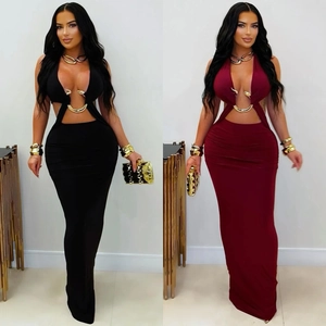 Sexy Damen Halterhals Rückenfrei Ausschnitt Maxi Kleid Mit Gold Metallring Schmale Passform Einfarbig Abendgesellschaft Clubwear Kleid
