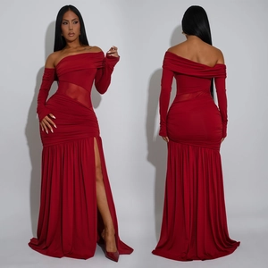 Detailed view of burgundy off-shoulder dress with ruched fabric and mesh waist insert