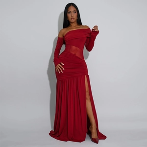 Elegant red off-shoulder long sleeve evening dress with waist pleats and high slit detail