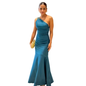 Detail of dark green satin fisheye evening dress with sparkling silver shoulder buckle