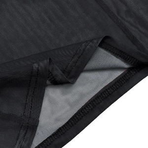 Detailed close-up of the black mesh fabric texture and precise stitching of the dress