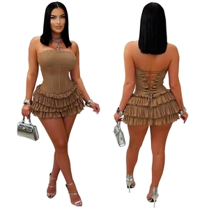 Front and back view of a brown corset dress with layered ruffles and lace-up back detail