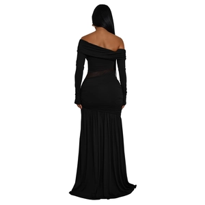 Back view of a sleek black off-shoulder evening dress with sheer mesh side panels
