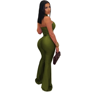 Detail of olive green halter neck wide leg jumpsuit with a slim fit bodice design