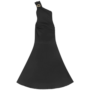 Detail of elegant black one-shoulder dress with golden metal ring and pleated waist design