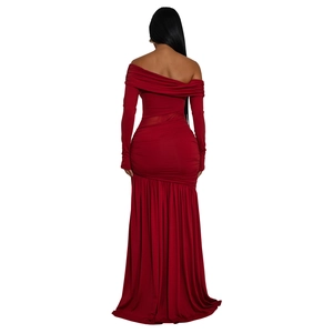 Rear view detail of a dark red off-shoulder long-sleeve evening gown with ruched waistline
