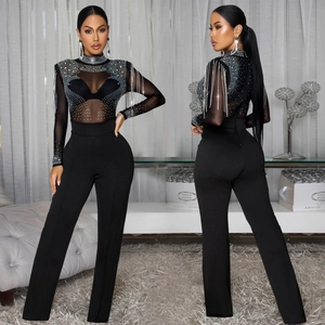 Women Sexy See-Through Mesh Rhinestone Jumpsuit Long Sleeve High Waist Straight Leg Tassel Party Romper Black