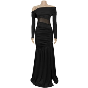 Detail of black off-shoulder maxi dress with sheer mesh waist and ruched fishtail skirt