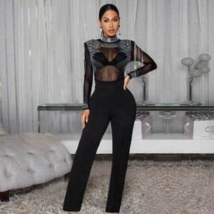 Sexy black mesh party set with sparkling rhinestones and elegant shoulder fringe detail
