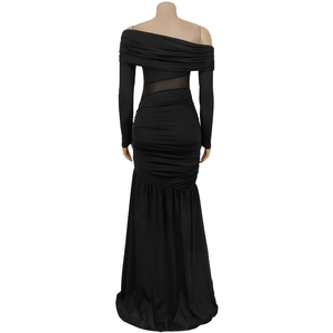 Back detail of black off-shoulder gown with ruched pleats and mesh waist insert