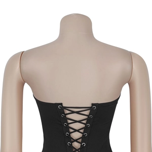 Close-up of black strapless dress back with lace-up corset tie and silver eyelets