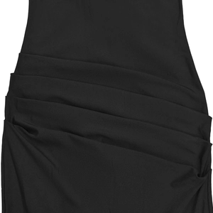 Detailed macro view of the black ruched texture and elastic fabric on this bodycon dress