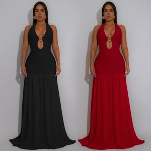 Vestito Lungo da Donna Sexy All'americana Senza Schiena Elegante Arricciato Tinta Unita Abito da Sera per Feste Fibbia in Metallo Oro