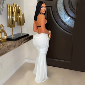 Elegant backless halter top with a white mermaid skirt evening dress for women