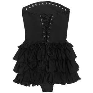 Detail of gothic black tube romper with silver metal eyelets and layered ruffle hem