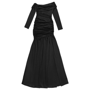 Detail view of the ruching texture and off-shoulder neckline on this black maxi dress