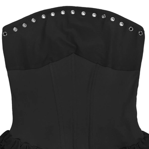Detailed view of black corset dress featuring mesh panel and silver metal grommets