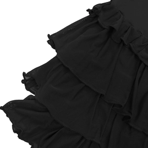 Close-up of black mesh fabric detail with tiered ruffles and delicate rolled hem stitching