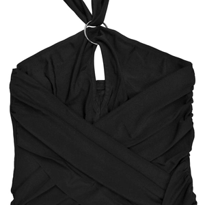 Detail of black halter neck jumpsuit featuring metal ring and ruched crossover fabric