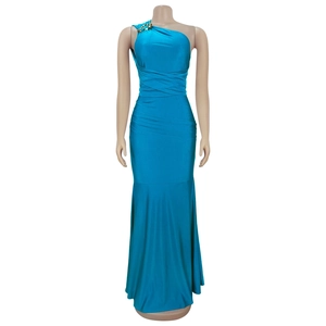 Detail of teal one-shoulder fishtail dress with elegant gold chain shoulder strap