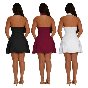 Back view detail of sexy halter backless pleated mini dress in black, burgundy and white