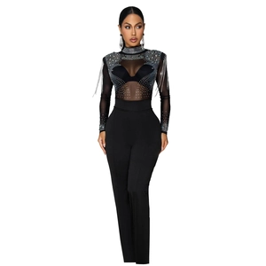 Detail view of sheer mesh bodysuit with sparkling rhinestones and crystal fringe accents