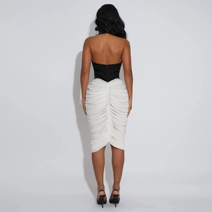 Chic halter neck backless dress with ruched white mesh skirt and zipper back detail
