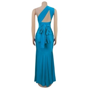 Peacock blue evening dress with one-shoulder design, back cutout, and large waist bow tie