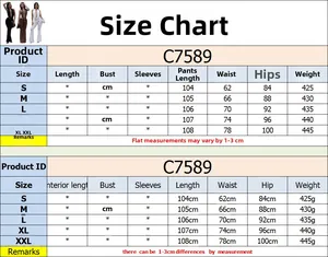Detailed size chart for C7589 women's backless top and trousers set showing S to XXL measurements