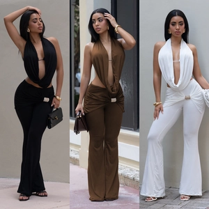 Women Sexy Halter Deep V Backless Top And High Waist Flared Pants Outfit With Rhinestone Buckle Elegant Party Clubwear Set