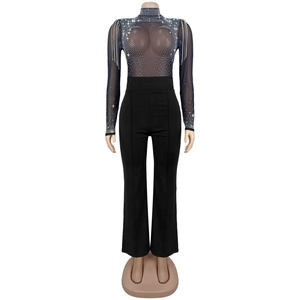 Detail of sheer black mesh bodysuit with all-over shimmering rhinestone accents